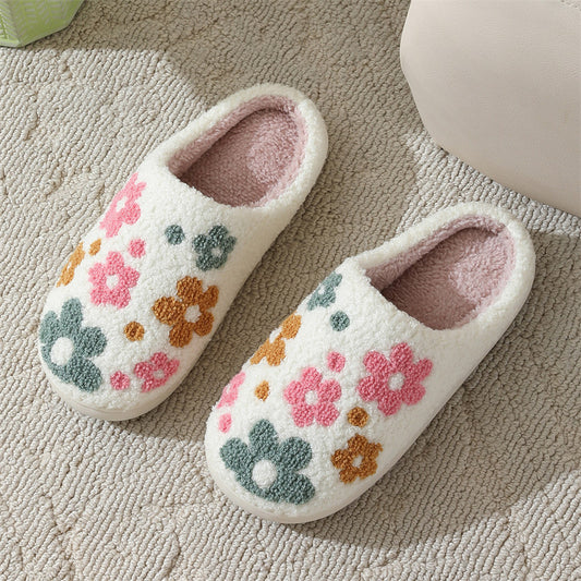 Pantuflas de algodón con estampado de flores para interiores y exteriores, cálidas y de felpa. 