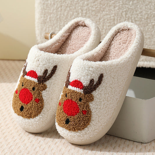 Pantuflas navideñas de algodón con estampado de alce para interiores y exteriores, cálidas y de felpa. 