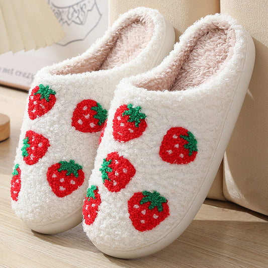 Pantuflas de algodón con estampado de fresas para interiores y exteriores, cálidas y de felpa. 
