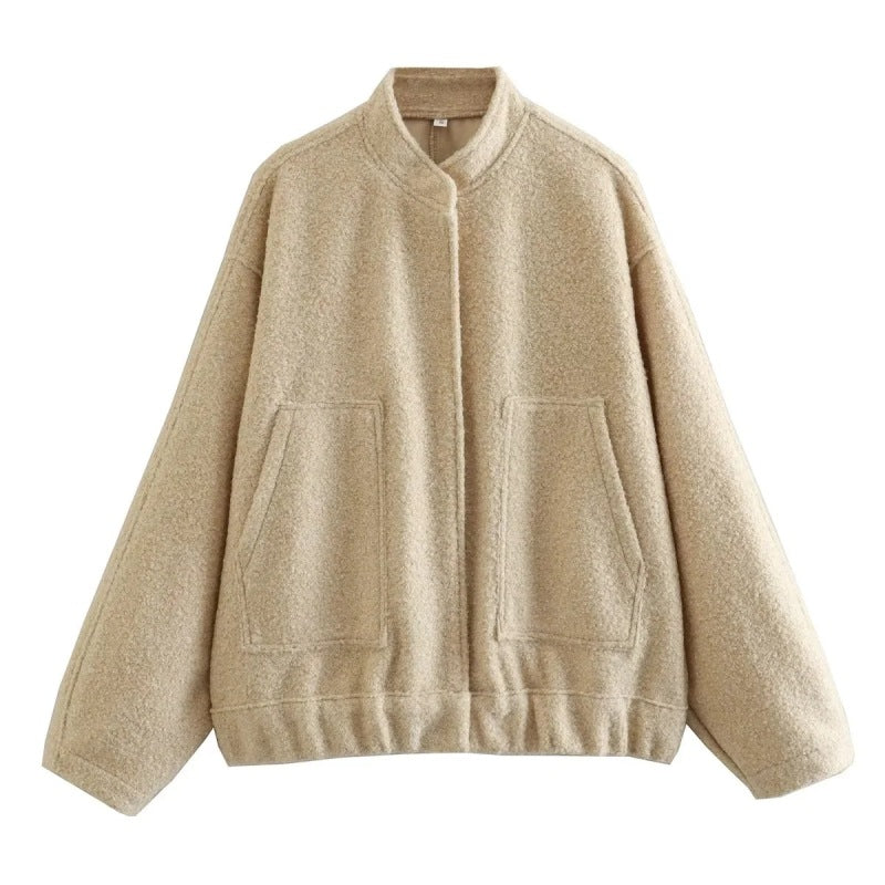 Chaqueta informal holgada estilo urbano Y2K con cuello alto y botones ocultos 