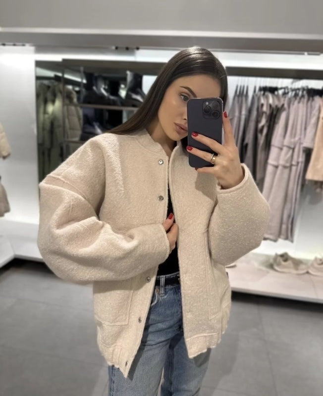 Chaqueta informal holgada estilo urbano Y2K con cuello alto y botones ocultos 