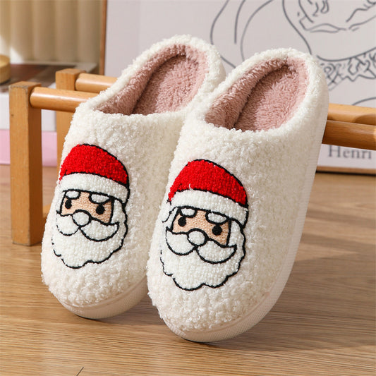 Pantuflas de algodón con estampado navideño de Papá Noel para interiores y exteriores, cálidas y de felpa. 