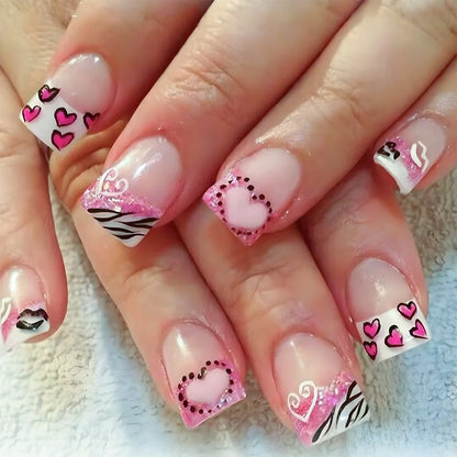 24pcs y2k Black French Press on Nails Short Square Pink Heart Fake Nails Full Cover Wearable Sweet Valentine's Day False Nails
