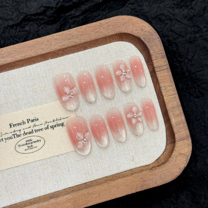 10Pcs Cat Eye French Short Almond Handmade Fake Nails with Diamond Decoration Design Nail Art Simple Fashion Press on False Nail