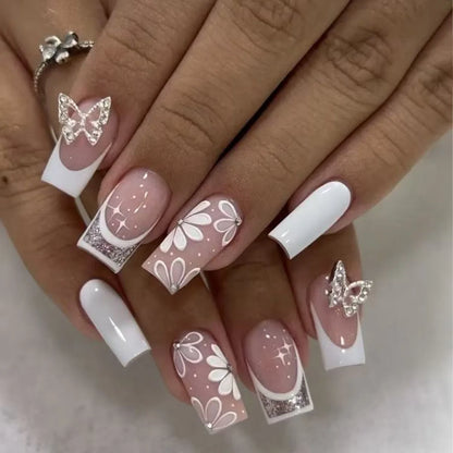 Mid-length Coffin Fake Nails 24Pcs White French Tip Ballerina Press On Nail Pink/White Flower Printed Spring/Summer DIY Manicure