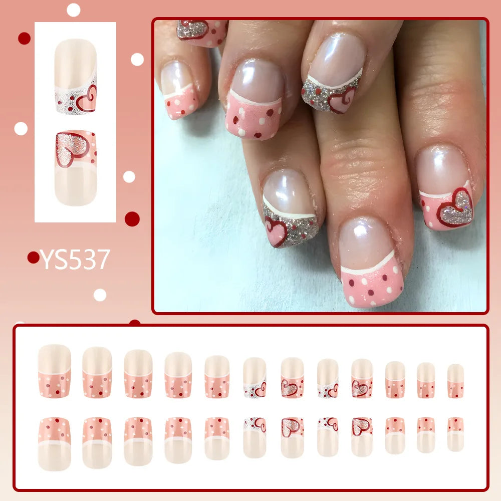 24pcs y2k Black French Press on Nails Short Square Pink Heart Fake Nails Full Cover Wearable Sweet Valentine's Day False Nails