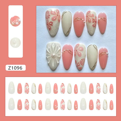 24pcs Blue Ocean Series False Nails Aurora Mermaid Shell Pearl Design Fake Nails Fairy Sweet Style French Almond Press on Nails
