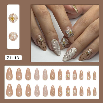 24 uñas postizas con estampado de flores, color vino tinto, rubor, almendra, reutilizables, para verano.