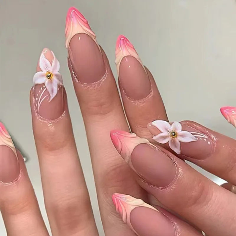 24pcs Blue Ocean Series False Nails Aurora Mermaid Shell Pearl Design Fake Nails Fairy Sweet Style French Almond Press on Nails