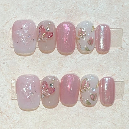 10Pcs Pink Handmade Press On Nails Full Cover Bear Heart Design Short Round Rhinestone False Nails Wearable Manicure Nail Tips