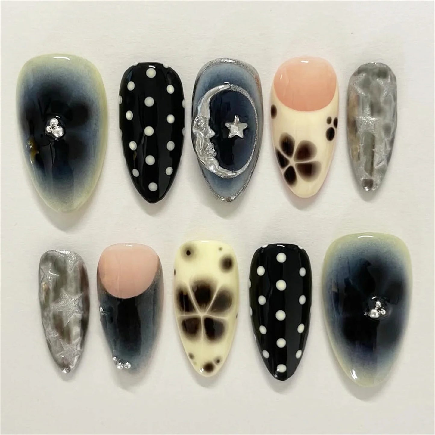 24 uñas postizas con estampado de flores, color vino tinto, rubor, almendra, reutilizables, para verano.