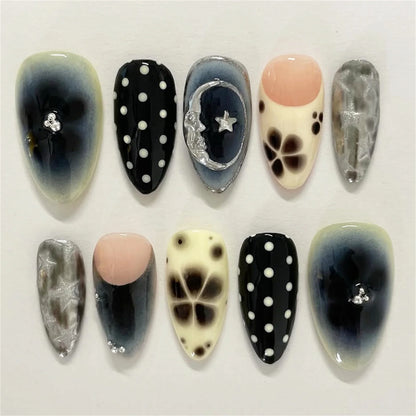 24 uñas postizas con estampado de flores, color vino tinto, rubor, almendra, reutilizables, para verano.