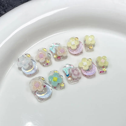 10Pcs Pink Handmade Press On Nails Full Cover Bear Heart Design Short Round Rhinestone False Nails Wearable Manicure Nail Tips