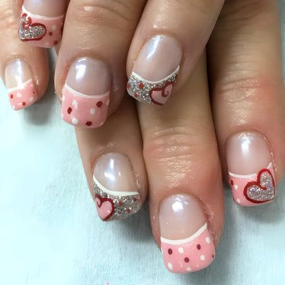 24pcs y2k Black French Press on Nails Short Square Pink Heart Fake Nails Full Cover Wearable Sweet Valentine's Day False Nails