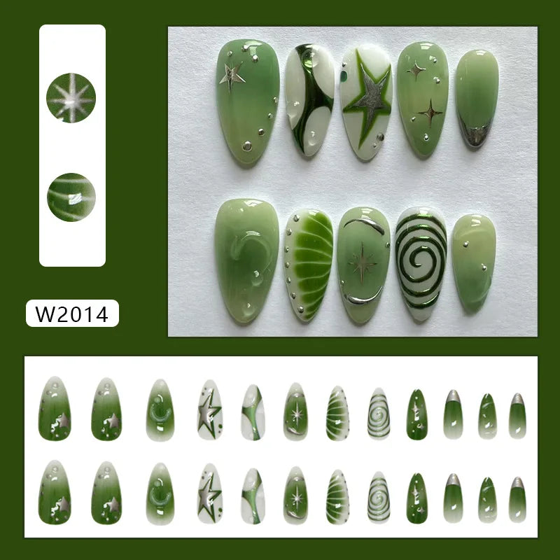 24pcs Blue Ocean Series False Nails Aurora Mermaid Shell Pearl Design Fake Nails Fairy Sweet Style French Almond Press on Nails