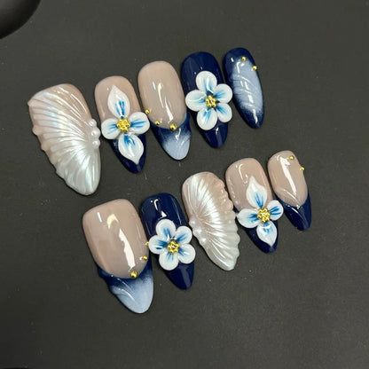 10pcs Handmade Blue Almond Press on Nails with Hand-carving Flowers Design Fake Nails Wearable Reusable Ins French False Nails
