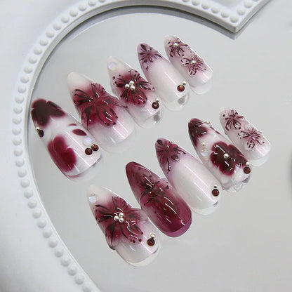 24 uñas postizas con estampado de flores, color vino tinto, rubor, almendra, reutilizables, para verano.
