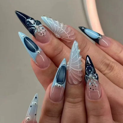 24pcs Blue Ocean Series False Nails Aurora Mermaid Shell Pearl Design Fake Nails Fairy Sweet Style French Almond Press on Nails