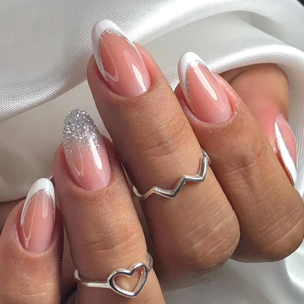 Elegant French Noble Gold Glitter Powder White Simple Almond Fake Nails Art False Nails Charm Tips Press on Nails Manicure Tools