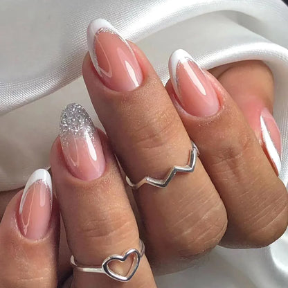 Elegant French Noble Gold Glitter Powder White Simple Almond Fake Nails Art False Nails Charm Tips Press on Nails Manicure Tools