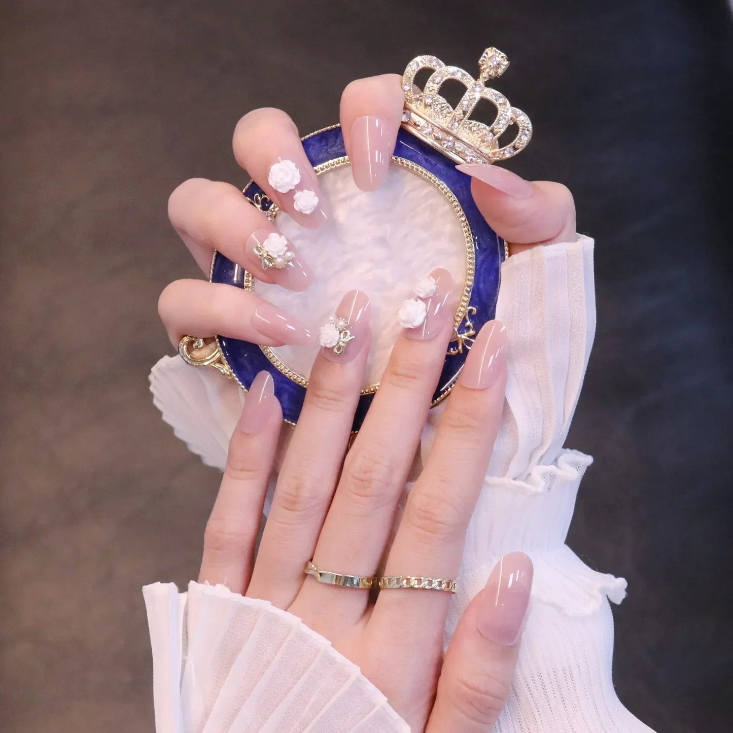 Press on Acrylic Nails Almond Full Cover Fake Nail with 3D Yellow Peach Floral False Nails with Glue Detachable Stick on Nails