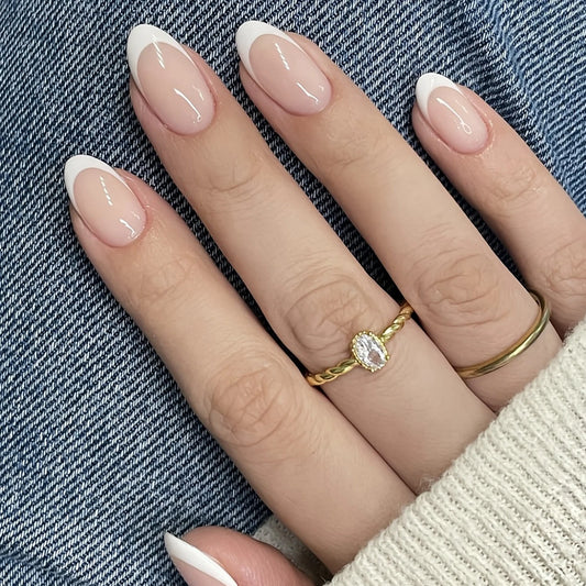24PCS- French white border almond nails-Whitening Nail Art Set With Detachable Fake Nails For Festival- Date And Daily Wear
