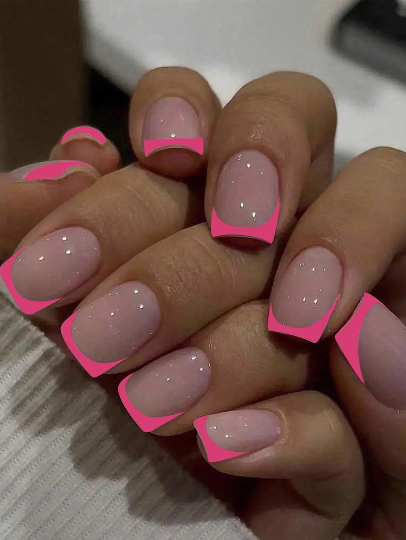 24PCS Press On Nails Short Pink Square Fingertip French Trim Press On Nails Love Design Sweet Nails Glisten Press On Nails