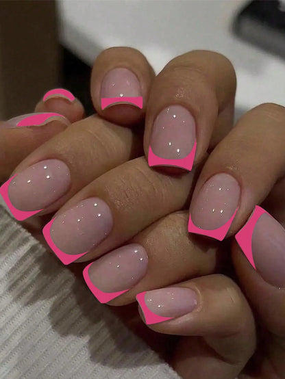 24PCS Press On Nails Short Pink Square Fingertip French Trim Press On Nails Love Design Sweet Nails Glisten Press On Nails
