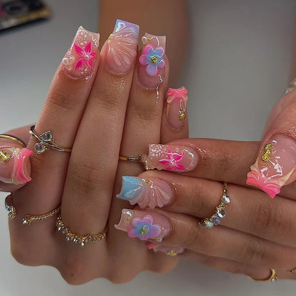 24pcs Blush Pink French Press On Nails Hand-painted White Flower Gold Ball Designs Fake Nail Short Square Korean False Nail Tips