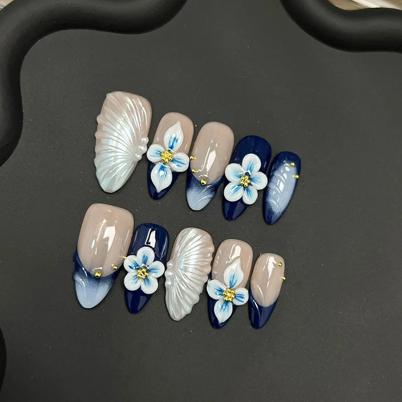 10pcs Handmade Blue Almond Press on Nails with Hand-carving Flowers Design Fake Nails Wearable Reusable Ins French False Nails