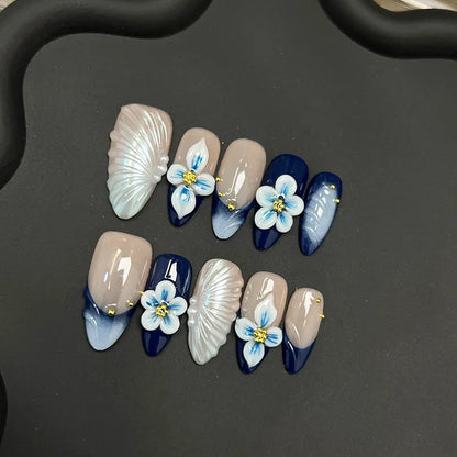 10pcs Handmade Blue Almond Press on Nails with Hand-carving Flowers Design Fake Nails Wearable Reusable Ins French False Nails