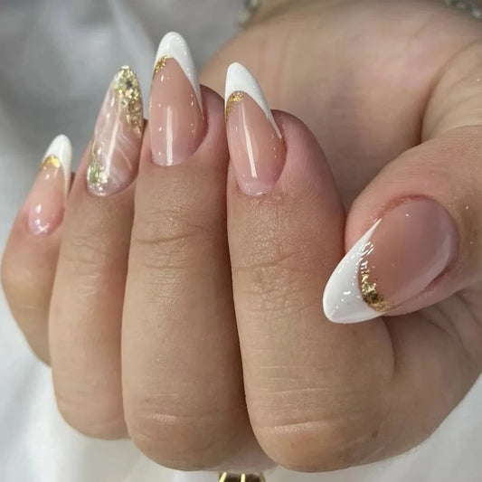 Uñas postizas francesas elegantes con purpurina dorada en polvo, color blanco, almendra, sencillas, con encanto, para manicura.