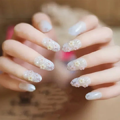Press on Acrylic Nails Almond Full Cover Fake Nail with 3D Yellow Peach Floral False Nails with Glue Detachable Stick on Nails