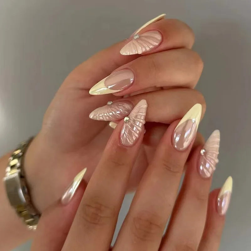 24pcs Blue Ocean Series False Nails Aurora Mermaid Shell Pearl Design Fake Nails Fairy Sweet Style French Almond Press on Nails