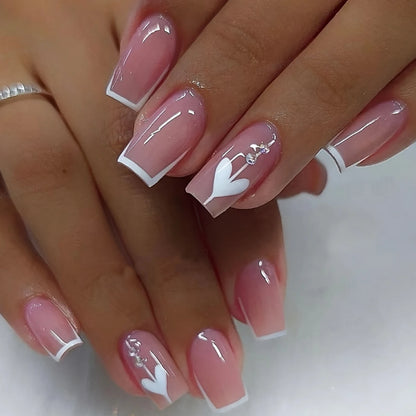 24PCS Press On Nails Short Pink Square Fingertip French Trim Press On Nails Love Design Sweet Nails Glisten Press On Nails