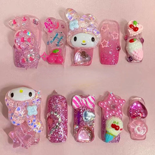 10 uñas postizas Y2k de color rosa con diseño de accesorios Kawaii Sanrios, manicura extraíble, regalo para niña