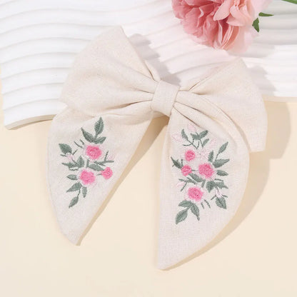 Sweet Embroidered Flower Hair Bows Clips Handmade Ribbon Solid Hairpins Cute Bowknot Barrettes Headwear Kids Hair Accessories