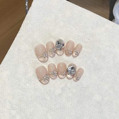10Pcs Cat Eye French Short Almond Handmade Fake Nails with Diamond Decoration Design Nail Art Simple Fashion Press on False Nail