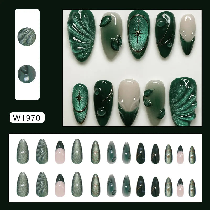 24pcs Blue Ocean Series False Nails Aurora Mermaid Shell Pearl Design Fake Nails Fairy Sweet Style French Almond Press on Nails