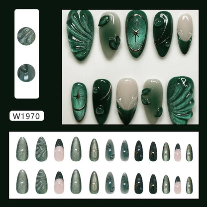 24pcs Blue Ocean Series False Nails Aurora Mermaid Shell Pearl Design Fake Nails Fairy Sweet Style French Almond Press on Nails