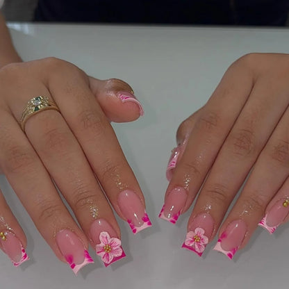 24pcs Blush Pink French Press On Nails Hand-painted White Flower Gold Ball Designs Fake Nail Short Square Korean False Nail Tips