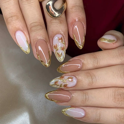 Press on Acrylic Nails Almond Full Cover Fake Nail with 3D Yellow Peach Floral False Nails with Glue Detachable Stick on Nails