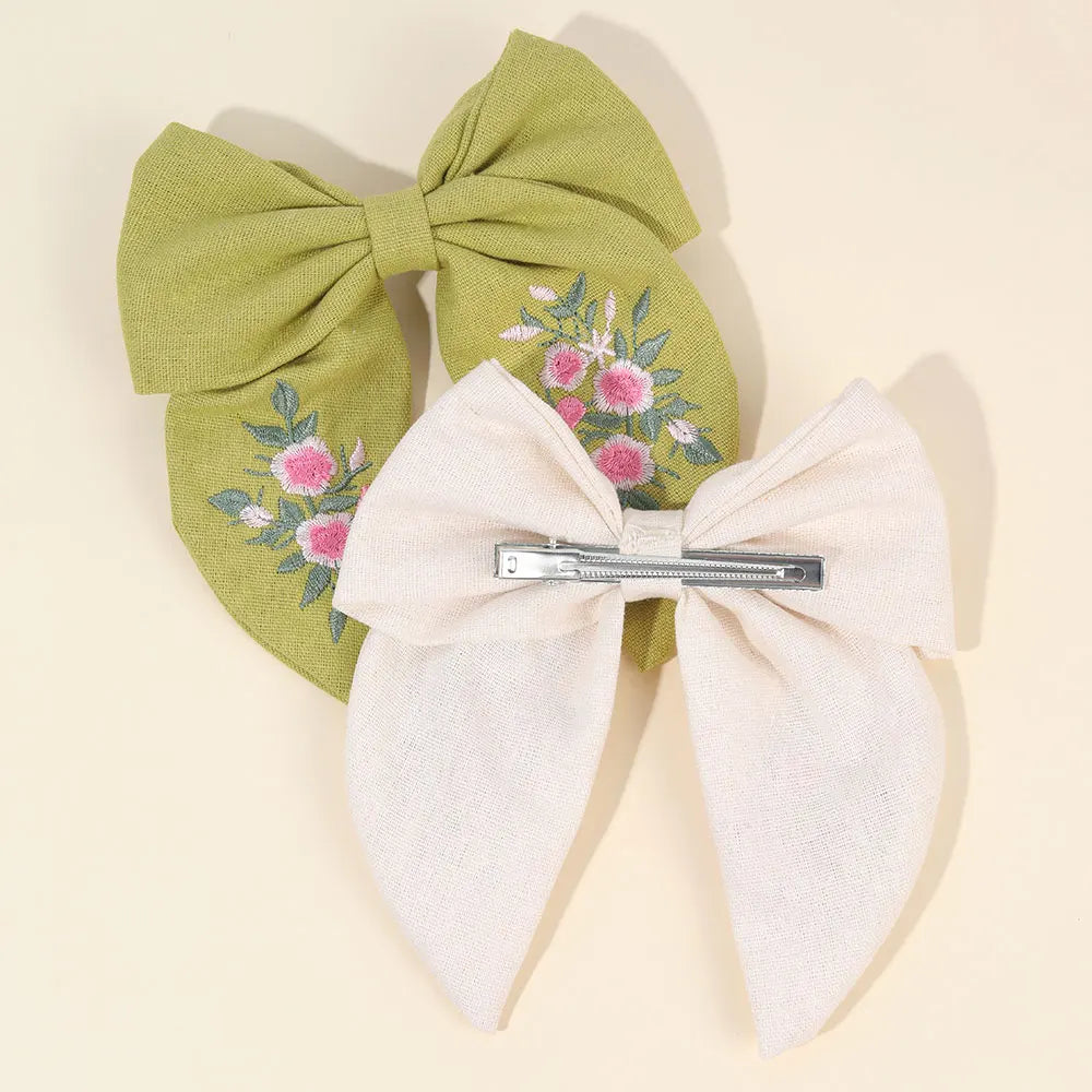 Sweet Embroidered Flower Hair Bows Clips Handmade Ribbon Solid Hairpins Cute Bowknot Barrettes Headwear Kids Hair Accessories