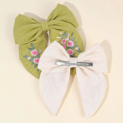 Sweet Embroidered Flower Hair Bows Clips Handmade Ribbon Solid Hairpins Cute Bowknot Barrettes Headwear Kids Hair Accessories
