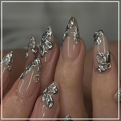 24Pcs Metallic Cat Eye French Sheer Manicure Tip Art Textured 3D Acrylic False Nails Nude Pink Almond Medium Press on Fake Nails