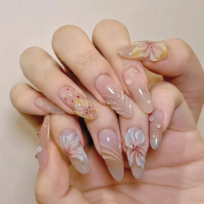 24pcs Blue Ocean Series False Nails Aurora Mermaid Shell Pearl Design Fake Nails Fairy Sweet Style French Almond Press on Nails