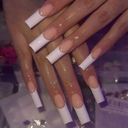 Mid-length Coffin Fake Nails 24Pcs White French Tip Ballerina Press On Nail Pink/White Flower Printed Spring/Summer DIY Manicure