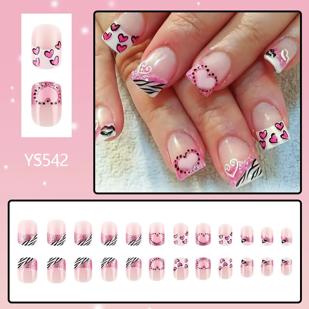 24pcs y2k Black French Press on Nails Short Square Pink Heart Fake Nails Full Cover Wearable Sweet Valentine's Day False Nails