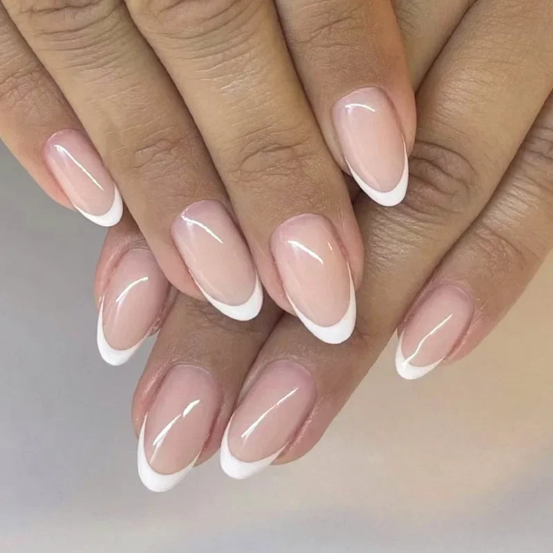 Elegant French Noble Gold Glitter Powder White Simple Almond Fake Nails Art False Nails Charm Tips Press on Nails Manicure Tools