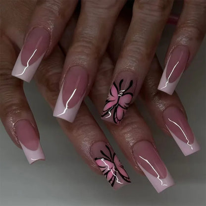 Mid-length Coffin Fake Nails 24Pcs White French Tip Ballerina Press On Nail Pink/White Flower Printed Spring/Summer DIY Manicure